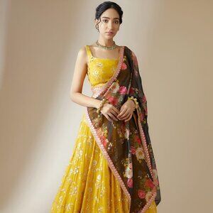 Yellow Embroidered Lehenga Choli with Floral Dupatta, Sequined Bridal Lehenga